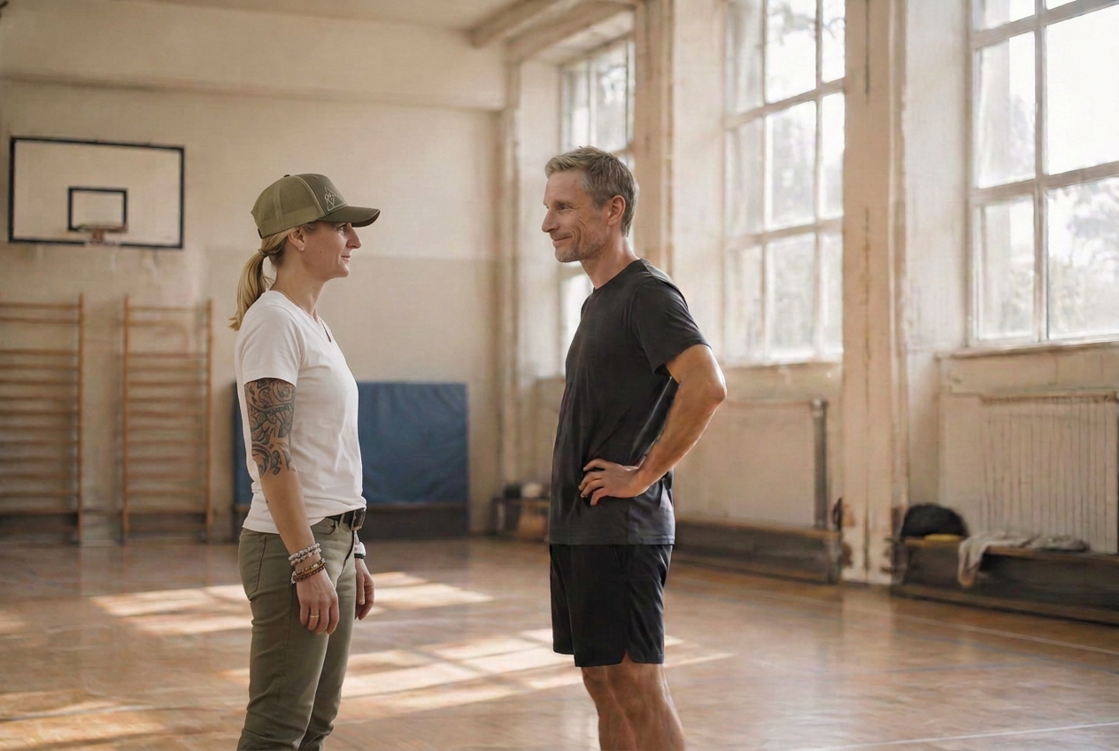 Zwei Workshop-Leitende im Gespräch in einer hellen Sporthalle